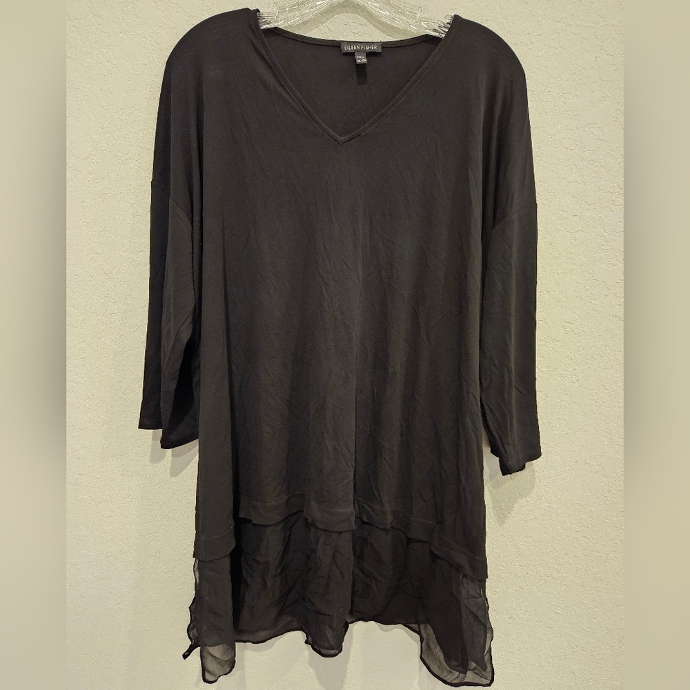 Eileen Fisher knit tiered tunic top blouse black relaxed Size XL